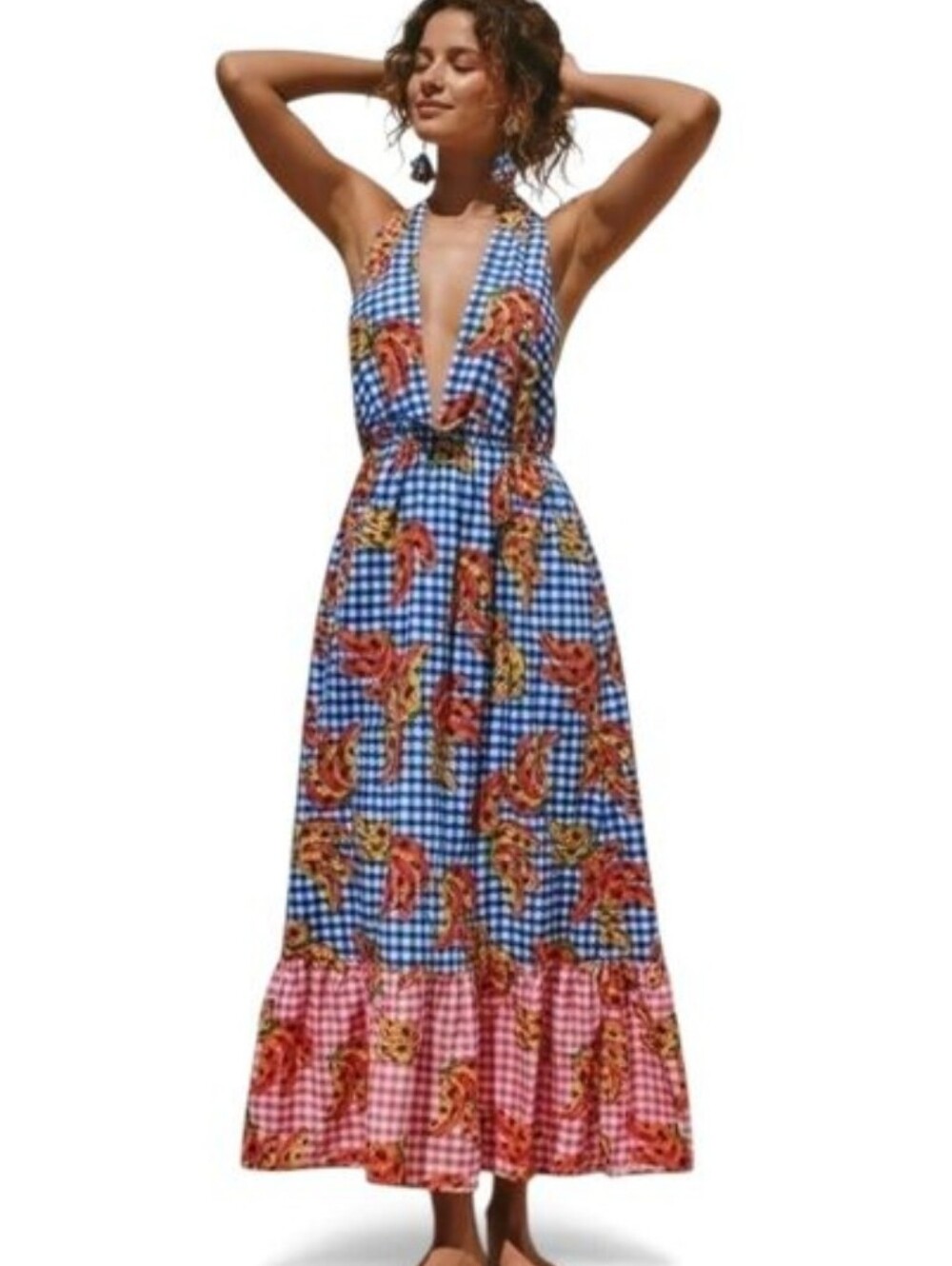 Farm Rio X Gingham Paisley Halter Midi Dress Blue Pink Multicolor Resort Sz L